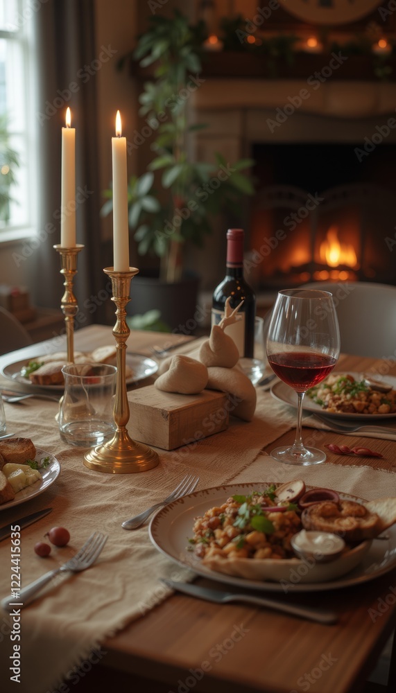 Elegant romantic dinner table setup with candlelight and wine, cozy fireplace backdrop, intimate dining experience for special occasions, fine dining ambiance, beautifully presented gourmet meal Elegant romantic dinner table setup with candlelight and wine, cozy fireplace backdrop, intimate dining experience for special occasions, fine dining ambiance, beautifully presented gourmet meal