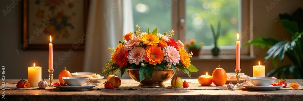 Altar con un ?rbol de flores y mu?ecos en la mesa, mesa, festiva Altar con un ?rbol de flores y mu?ecos en la mesa, mesa, festiva