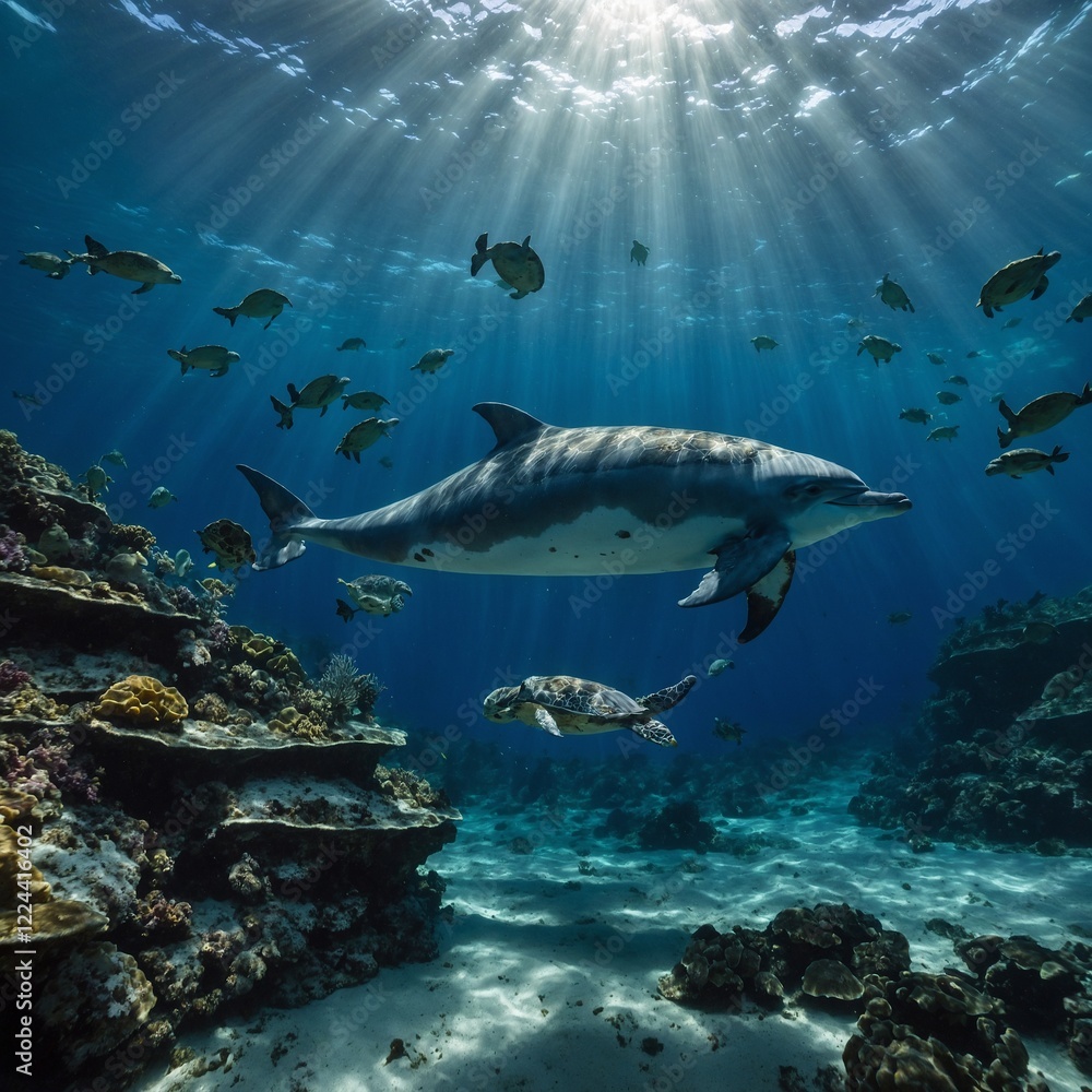 A glowing dolphin leading a group of sea turtles through a luminous underwater cavern. A glowing dolphin leading a group of sea turtles through a luminous underwater cavern.