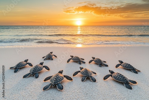 touching scene of baby turtles moving towards the ocean on a white sandy beach, with the sun setting on the horizon, creating a serene and magical atmosphere