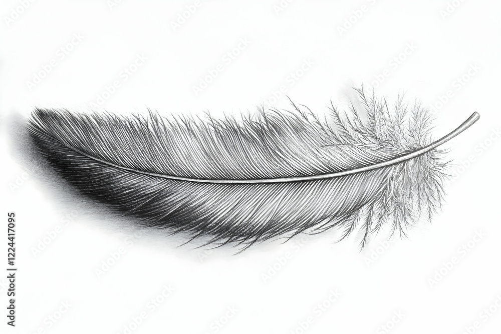 Obraz premium Single grey feather on white background; light, airy, delicate; design element