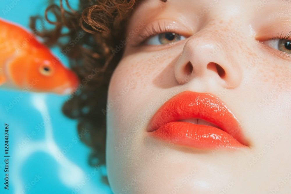 Vibrant Lip Accent in Aquatic Harmony Glossy Coral Lipstick and Freckles for Eco-Conscious Makeup Content - Sustainable Beauty and Marine-Inspired Visuals