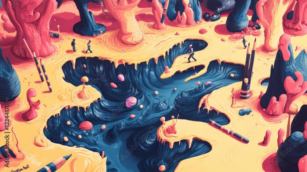 Obraz premium Surreal Landscape Featuring Tiny Figures Exploring A Paint World
