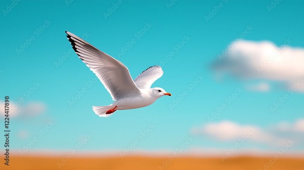 Obraz premium Seagull in Flight Over Coastal Landscape