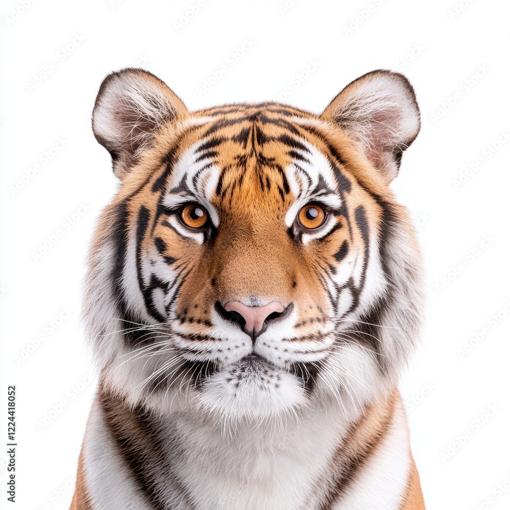 Close up of striped tiger with piercing orange eyes, showcasing its majestic and intense gaze Close up of striped tiger with piercing orange eyes, showcasing its majestic and intense gaze