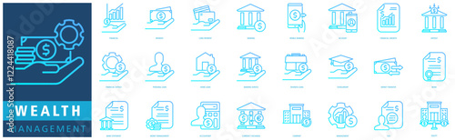 WEALTH MANAGEMENT ICON SET with financial, payment, card payment, banking, mobile banking, account, financial growth, deposit, financial service and personal loan