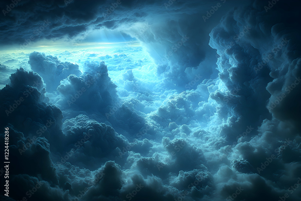 Obraz premium Storm clouds above, light breaking through, aerial view, dramatic sky, perfect for backgrounds