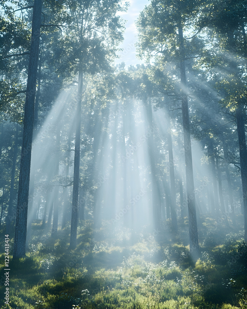 Fototapeta premium Sunbeams pierce misty pine forest; tranquil nature scene, ideal for calming backgrounds