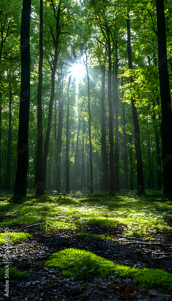 Obraz premium Sunbeams in lush green forest; tranquil nature scene, perfect for relaxation or environmental themes