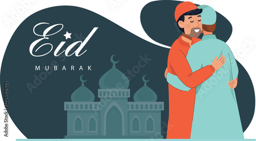 Eid Mubarak Greeting Illustration with People Embracing in Front of Mosque Shows people in traditional attire embracing with a mosque in the background.