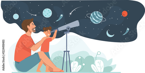 Father and Son Stargazing Illustration with Telescope and Planets Features a father-son duo using a telescope to gaze at stars and planets.