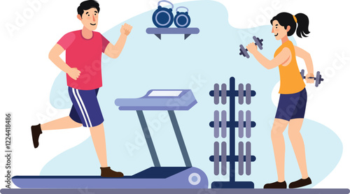 Fitness Gym Workout Illustration with Treadmill and Dumbbells Highlights gym equipment like a treadmill and dumbbells with a person exercising.