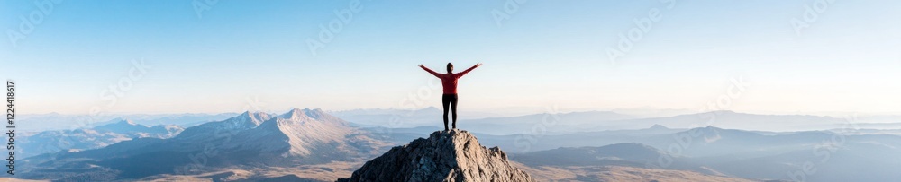 Modern Adventure Aesthetic Person Standing with Outstretched Arms on Mountain Peak - Motivational Visual for Personal Growth and Resilience Content in Professional Development Modern Adventure Aesthetic Person Standing with Outstretched Arms on Mountain Peak - Motivational Visual for Personal Growth and Resilience Content in Professional Development