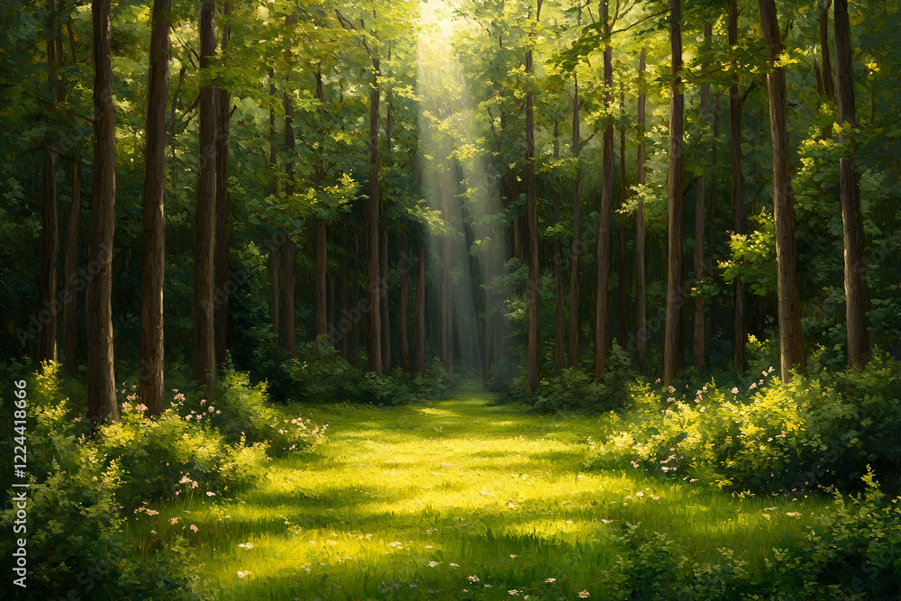 Obraz premium Sunlit forest path, dappled light, green foliage, peaceful nature scene, ideal for relaxation themes