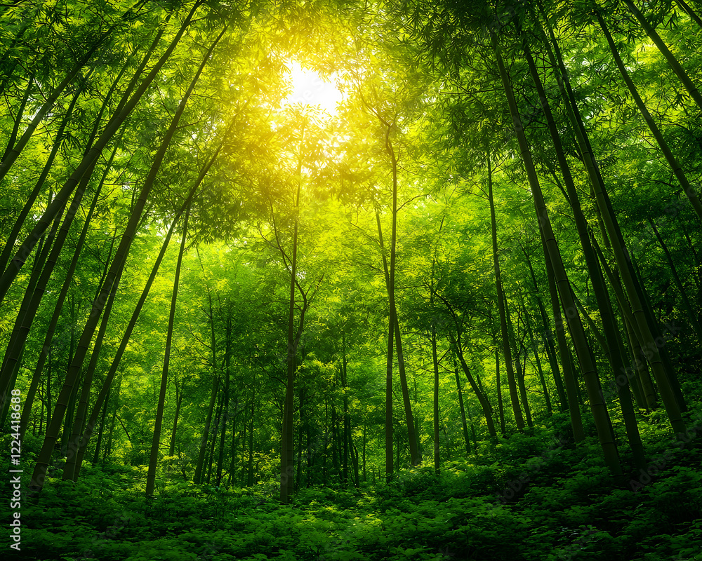 Obraz premium Sunlit forest canopy, lush green trees, tranquil woodland scene, nature background