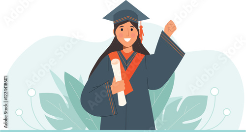 Graduation Celebration Illustration with Female Graduate Holding Diploma Shows a proud graduate holding her diploma and celebrating the achievement.