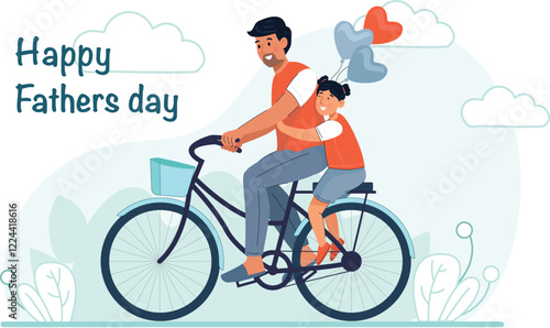 Happy Father's Day Cycling Illustration with Balloons Shows a father and child cycling together with colorful balloons tied to the bike.