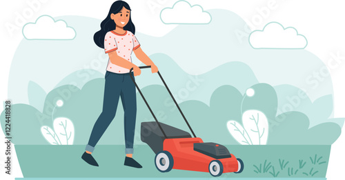 Illustration of a Person Mowing the Lawn in the Garden Depicts a person pushing a lawnmower on a green lawn.
