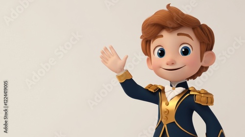 A young cartoon prince with light brown hair, dressed in a classic navy and gold royal suit, waving cheerfully on a plain white backdrop. photo