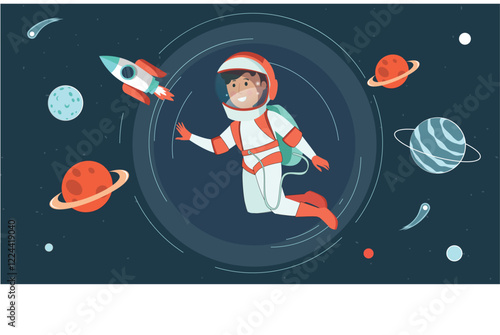 Illustration of Astronaut in Space with Planets and Rocket Features an astronaut floating in space surrounded by planets and a rocket nearby, capturing a sense of exploration.