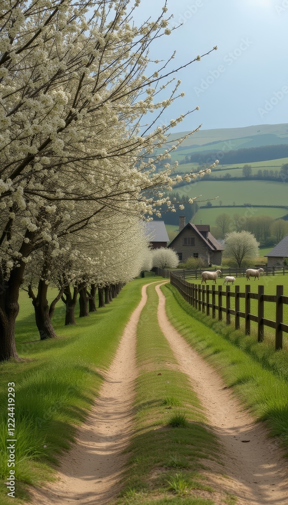 Obraz premium Scenic Rural Road Lined with Blooming Trees, Lush Green Fields, and Grazing Sheep Leading to Quaint Village Houses in Springtime Countryside