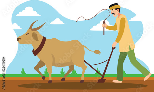 Indian Farmer with Ox Ploughing Field Illustration Features a farmer working the land using an ox-driven plough.