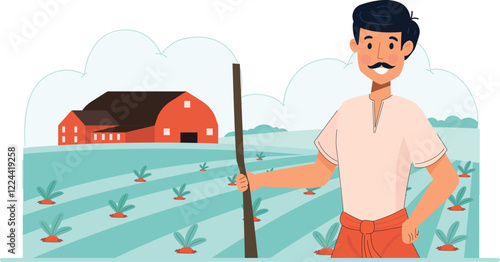 Indian Farmer with Crop Field Illustration Highlights a proud farmer standing in a flourishing crop field.