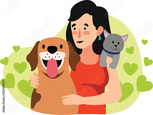 Pet Lover Hugging Dog and Cat with Affection Illustration Features a pet lover embracing both a dog and a cat, radiating affection.