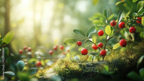 Beautiful scene with growing berries Lingonberries in forest photo