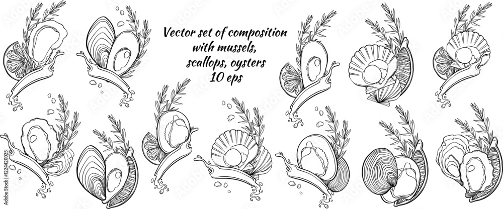 Set of doodle seafood. Vector illustration of mussels, oyster, scallops, lemon, rosemary, olive oil. Set of illustration for design menu. Set of doodle seafood. Vector illustration of mussels, oyster, scallops, lemon, rosemary, olive oil. Set of illustration for design menu.