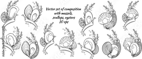 Set of doodle seafood. Vector illustration of mussels, oyster, scallops, lemon, rosemary, olive oil. Set of illustration for design menu.