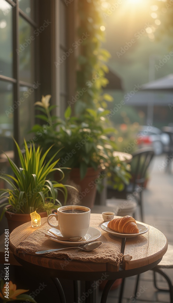 Relaxing Coffee Break with Fresh Croissant and Warm Sunlight at a Cozy Café Window Relaxing Coffee Break with Fresh Croissant and Warm Sunlight at a Cozy Café Window