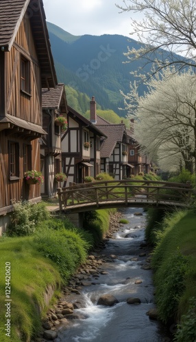 Wallpaper Mural Idyllic Mountain Village with Half-Timbered Houses, Wooden Bridge, and Clear Stream Surrounded by Lush Forested Hills in Springtime Torontodigital.ca