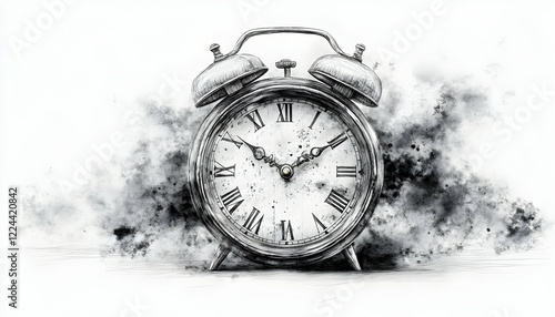 Vintage alarm clock sketch, time concept, white background, dust cloud effect, website design photo