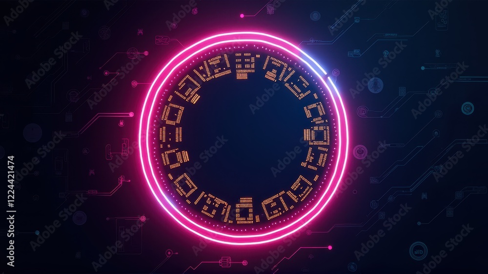 Fototapeta premium Neon Circle Design with Digital Circuit Elements and Chip Patterns