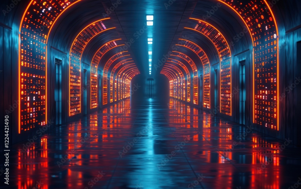 Luminous futuristic corridor with vibrant orange and blue neon lights reflecting on a sleek floor Luminous futuristic corridor with vibrant orange and blue neon lights reflecting on a sleek floor