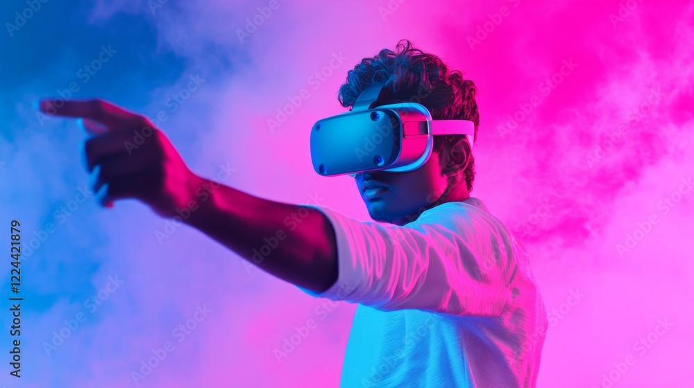 Neon Futuristic Gaming Experience Indian Teen with VR Headset and Motion Controllers - Immersive Entertainment in High-Tech Arena for Innovative Esports Applications