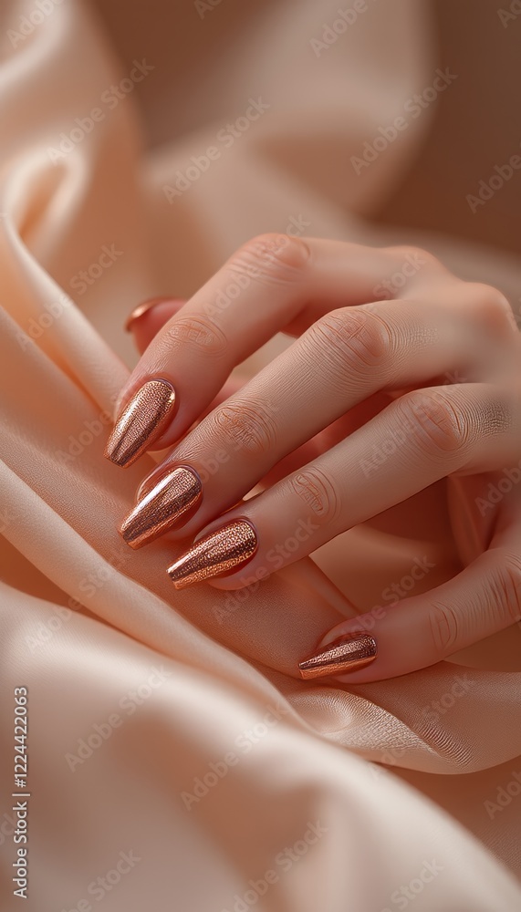Naklejka premium Elegant Gold Manicure with Almond-Shaped Nails Against Soft Beige Fabric Background