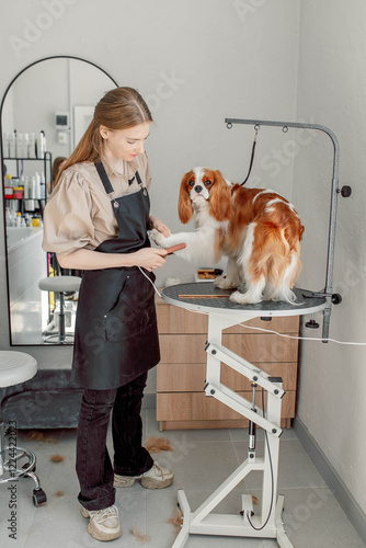 Professional grooming tools ensure effective coat maintenance for a Cavalier King Charles Spaniel. Brushes, combs, and clippers contribute to a neat, clean, and tangle-free appearance