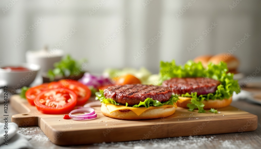 Create a hyper-realistic 8k image of a burger being assembled on a wooden cutting board. The fresh ingredients should be laid out: a perfectly grilled beef patty, a slice of cheese, fresh le Create a hyper-realistic 8k image of a burger being assembled on a wooden cutting board. The fresh ingredients should be laid out: a perfectly grilled beef patty, a slice of cheese, fresh le