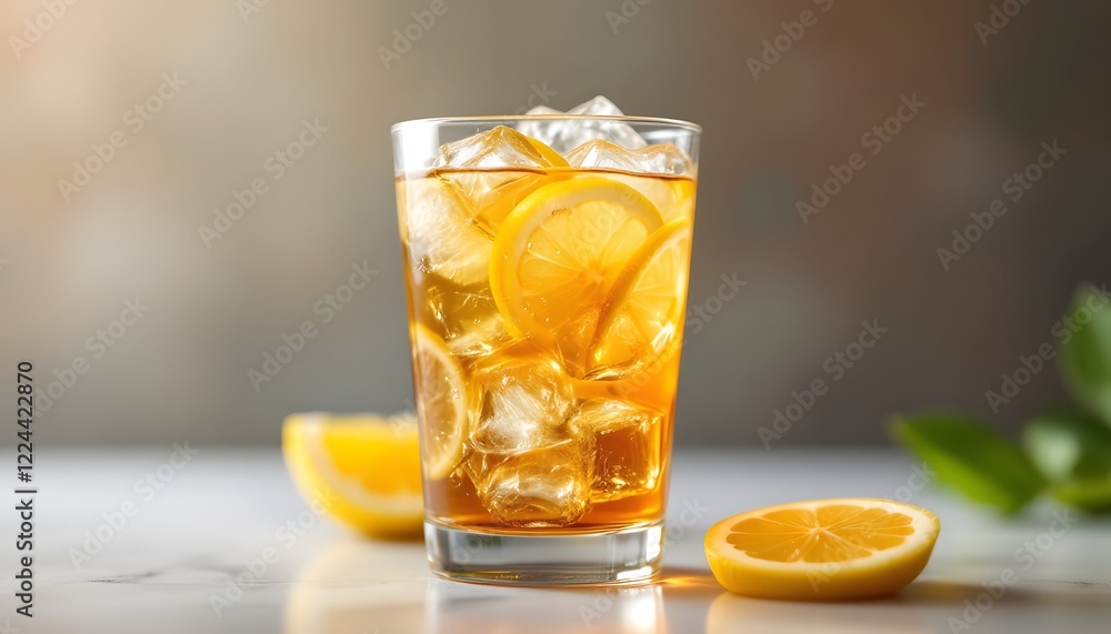 Create a hyper-realistic 8k close-up of a transparent glass filled with iced tea, with lemon slices floating in the drink. The camera angle is eye-level, capturing the intricate texture of t Create a hyper-realistic 8k close-up of a transparent glass filled with iced tea, with lemon slices floating in the drink. The camera angle is eye-level, capturing the intricate texture of t
