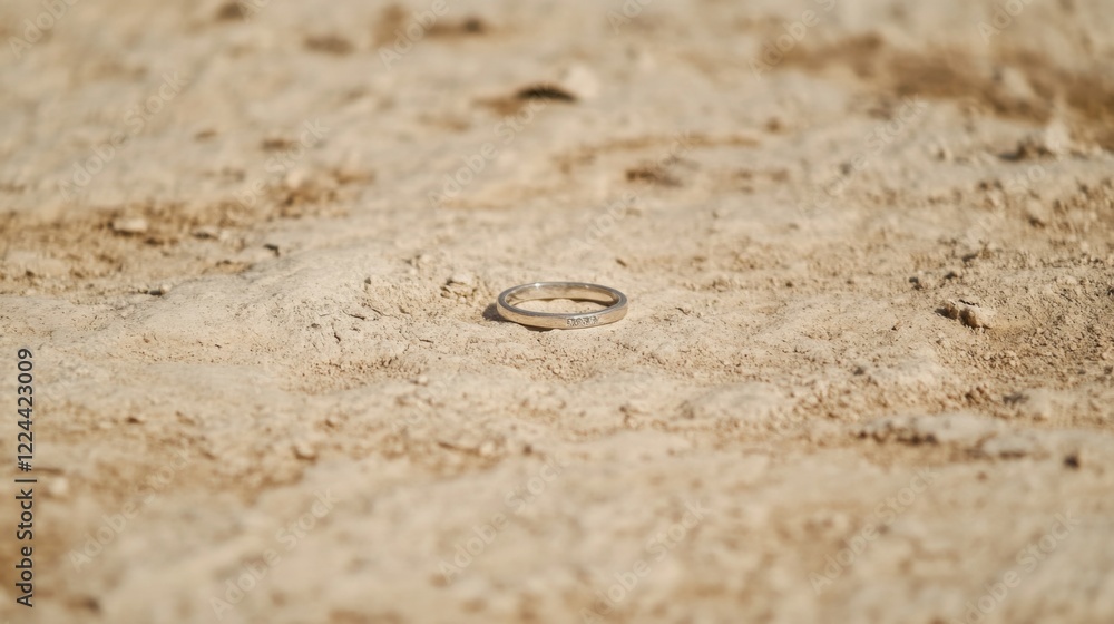 Simple silver band ring rests on light brown sand. Simple silver band ring rests on light brown sand.