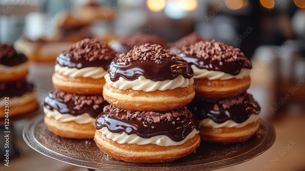 Vanilla cream-filled eclairs topped with chocolate in a busy cafe Vanilla cream-filled eclairs topped with chocolate in a busy cafe