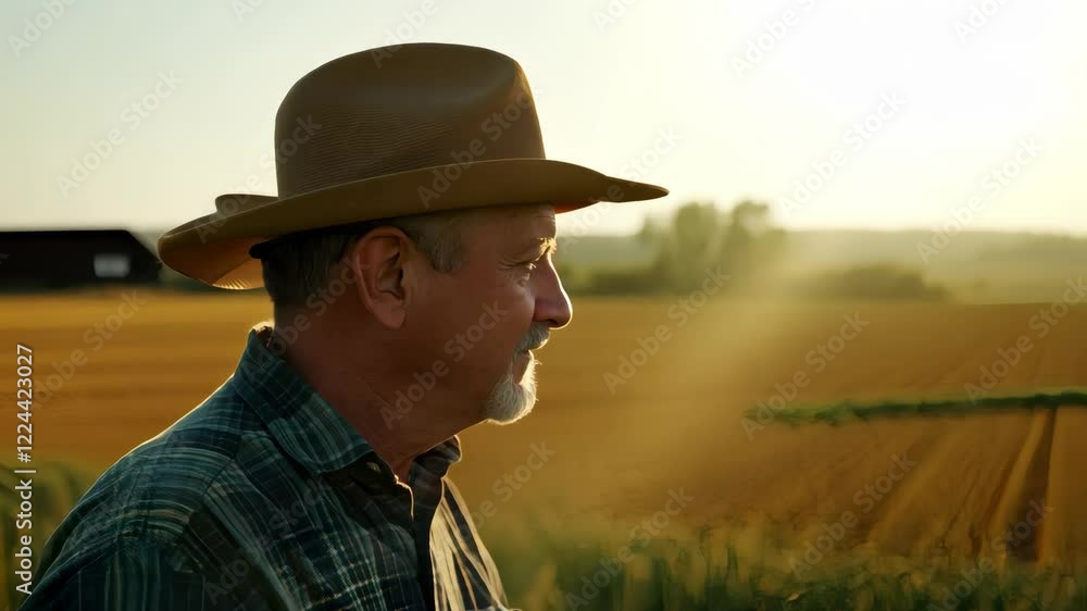 Dedicated farmer harvesting wheat in golden sunset fields Dedicated farmer harvesting wheat in golden sunset fields