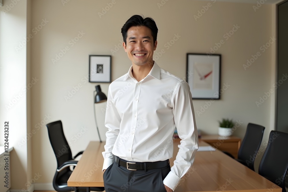 Portrait of an elegant Asian man wearing a shirt, Smiling looking forward.in the office space. Portrait of an elegant Asian man wearing a shirt, Smiling looking forward.in the office space.