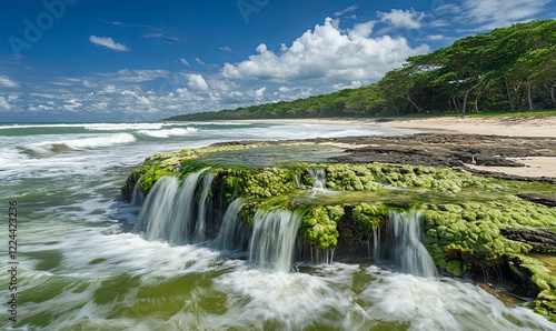 Tropical beach waterfall cascading over mossy rocks, waves crashing on shore