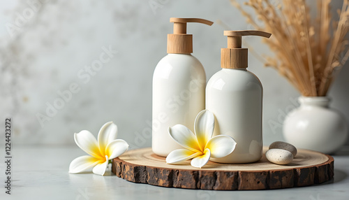 Macap.Elegant cosmetic bottles with bamboo pumps and flowers on wooden platter with natural background
