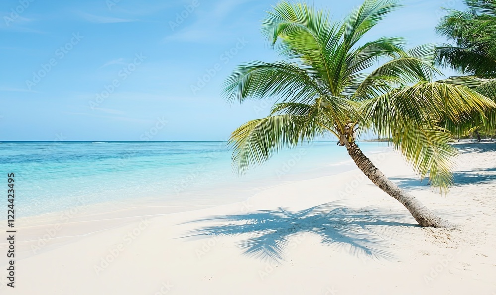 Obraz premium Tropical beach with leaning palm tree, white sand, turquoise water, sunny sky