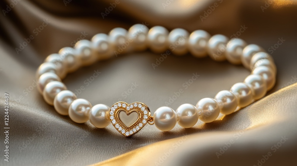Elegant Pearl Bracelet with Heart Charm on Luxurious Fabric Background Elegant Pearl Bracelet with Heart Charm on Luxurious Fabric Background