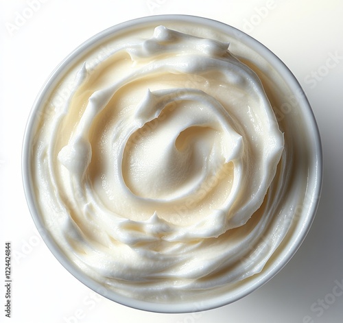 Fresh Greek Yogurt in Blue Ceramic Bowl Close-Up Creamy Swirl photo